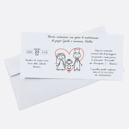 Partecipazione per matrimonio con l’annuncio da parte dei figli, con testo personalizzabile e completa di busta.